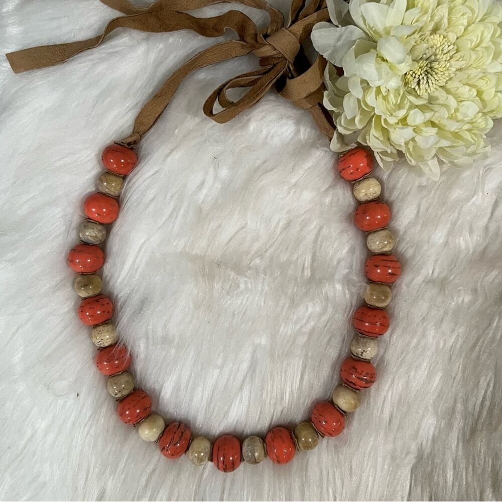 NEW Sundance Vintage Bohemian Glazed Stone Suede Coral Sunset Statement Necklace